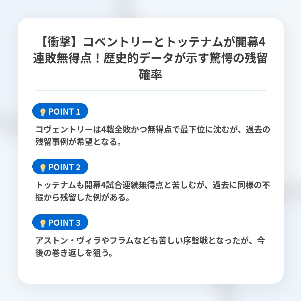 【衝撃】コベントリーとトッテナムが開幕4連敗無得点！歴史的データが示す驚愕の残留確率の注目ポイントまとめ