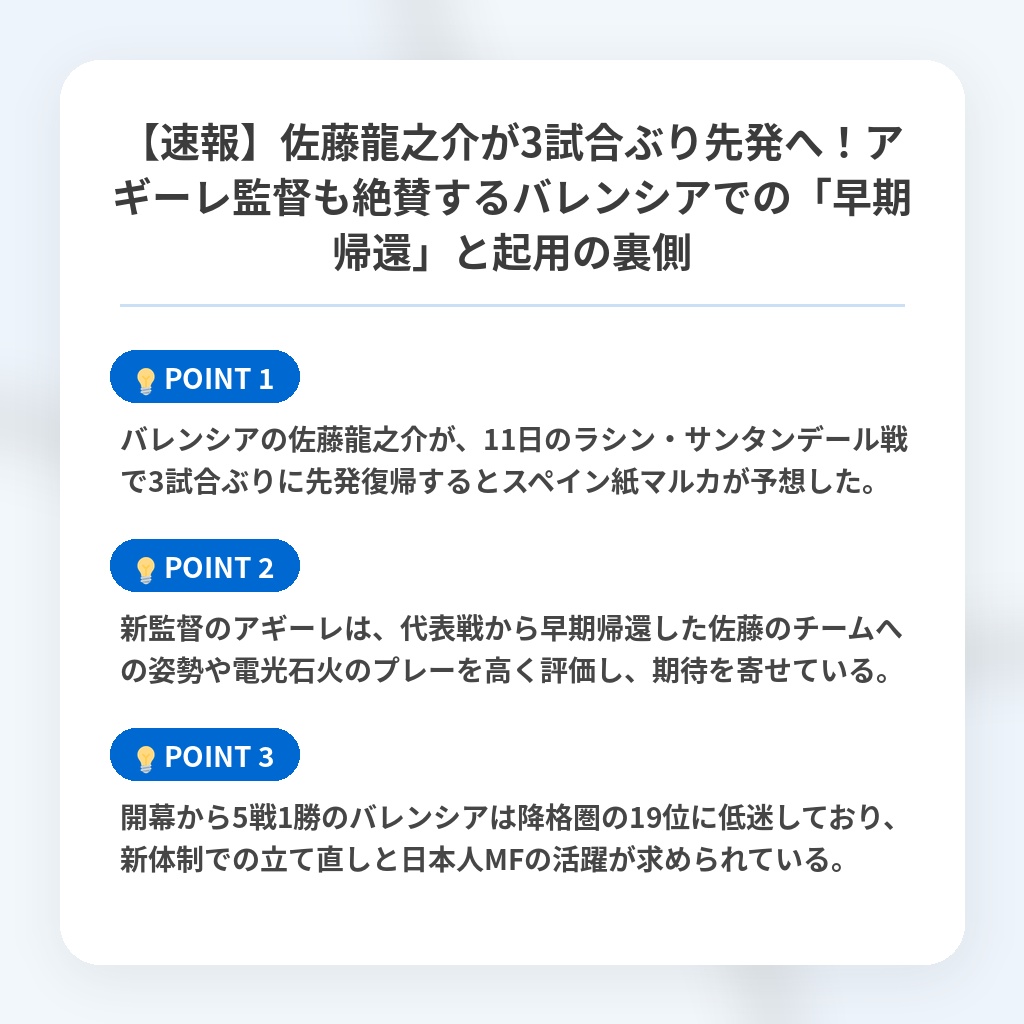 【速報】佐藤龍之介が3試合ぶり先発へ!アギーレ監督も絶賛するバレンシアでの「早期帰還」と起用の裏側の注目ポイントまとめ
