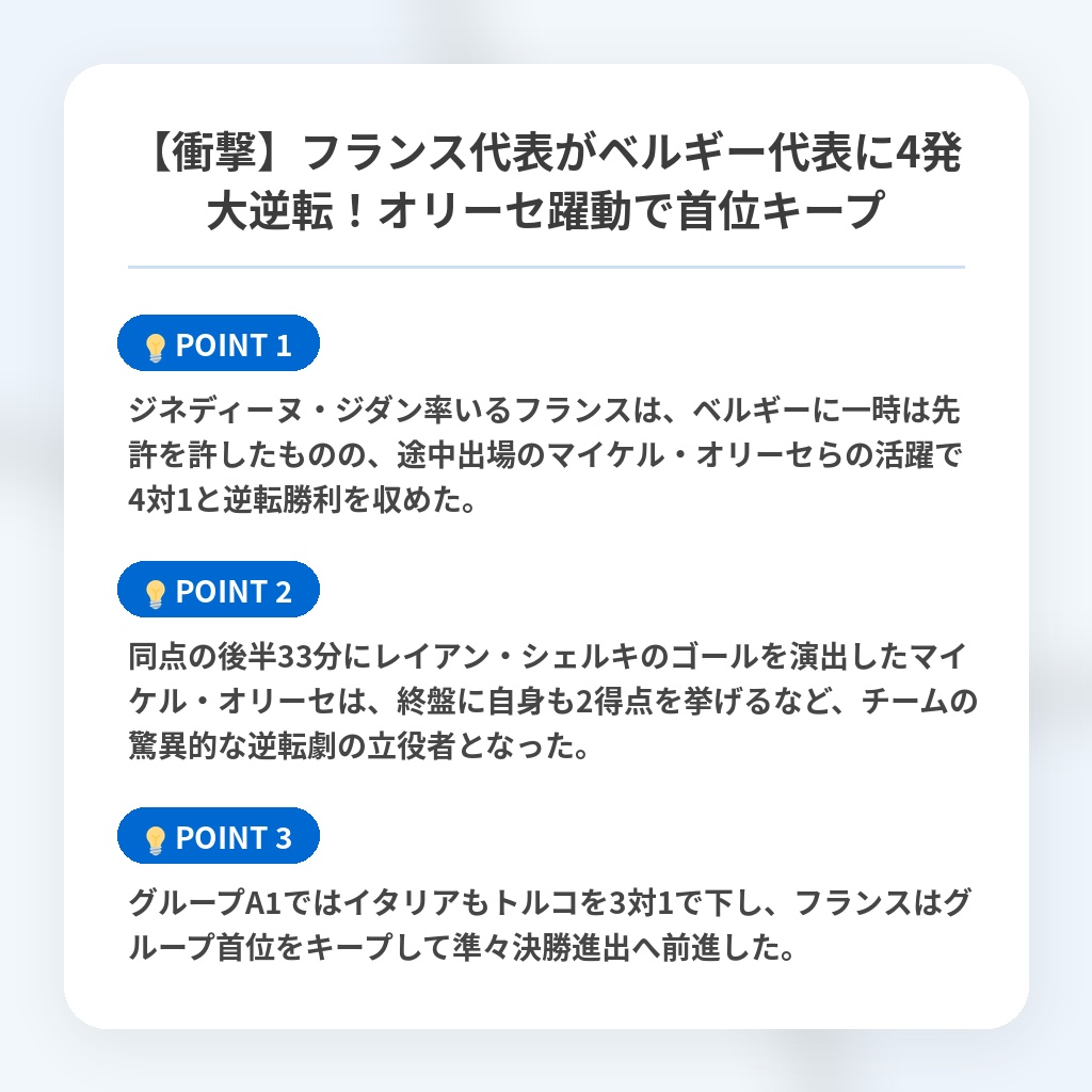 【衝撃】フランス代表がベルギー代表に4発大逆転!オリーセ躍動で首位キープの注目ポイントまとめ