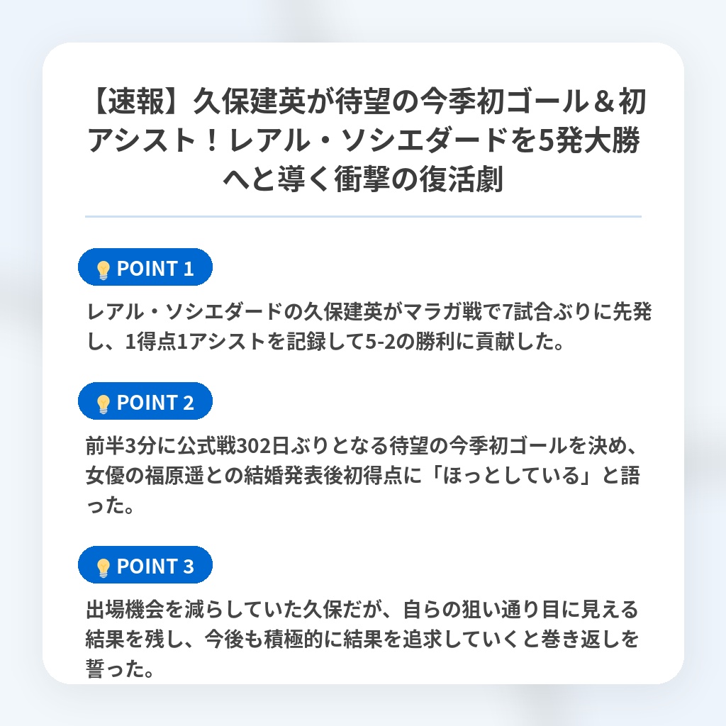【速報】久保建英が待望の今季初ゴール＆初アシスト！レアル・ソシエダードを5発大勝へと導く衝撃の復活劇の注目ポイントまとめ