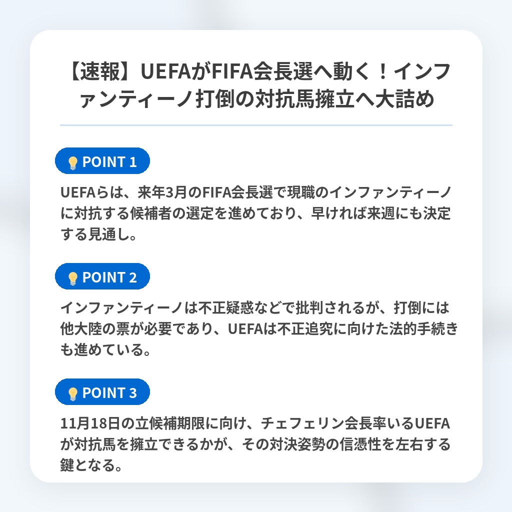 【速報】UEFAがFIFA会長選へ動く!インファンティーノ打倒の対抗馬擁立へ大詰めの注目ポイントまとめ