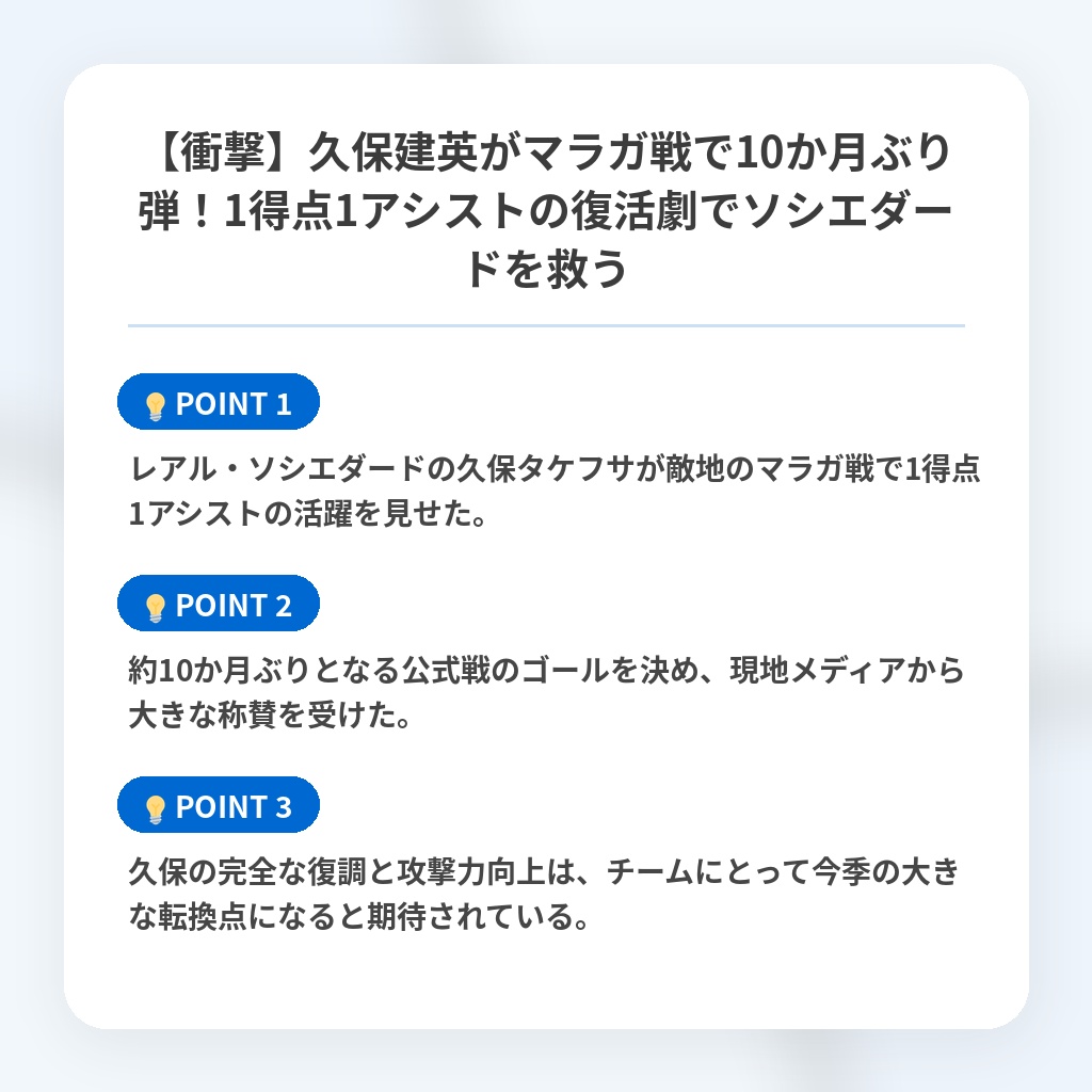 【衝撃】久保建英がマラガ戦で10か月ぶり弾!1得点1アシストの復活劇でソシエダードを救うの注目ポイントまとめ