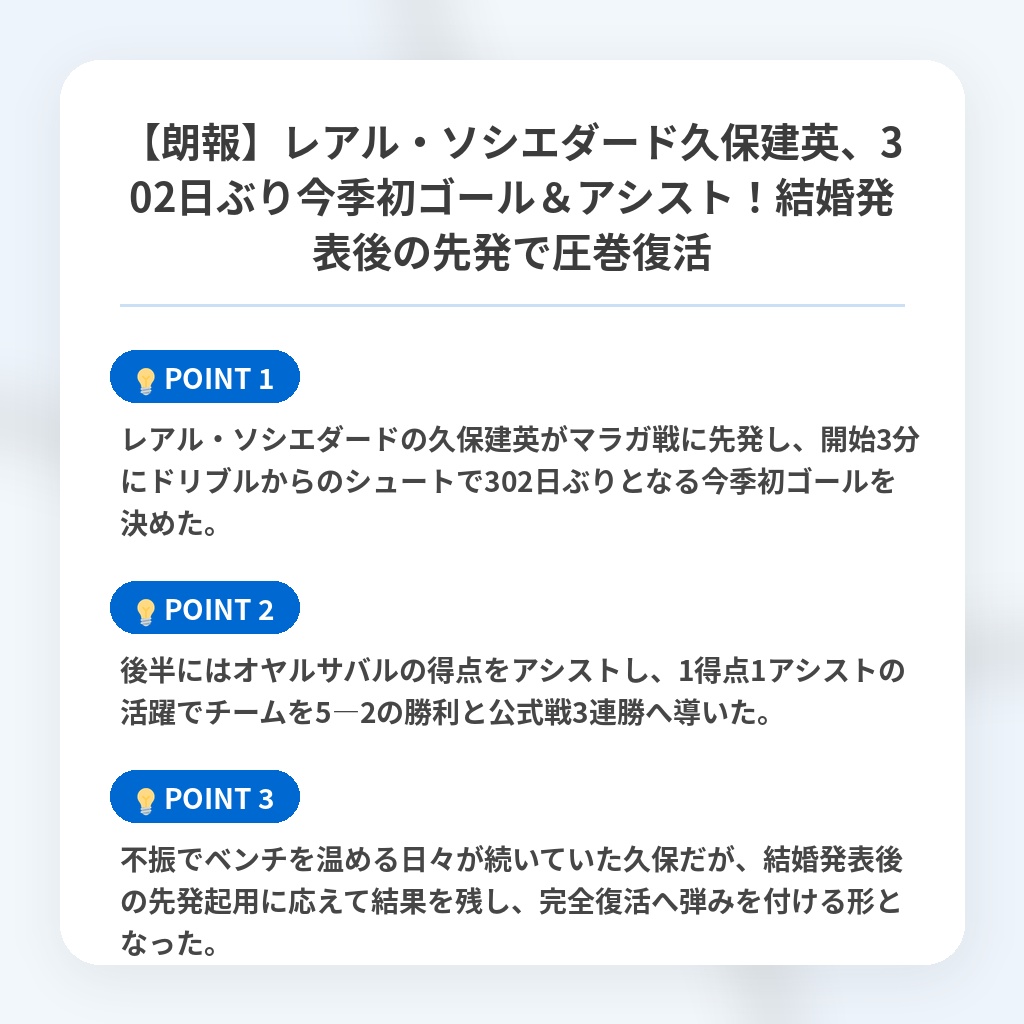 【朗報】レアル・ソシエダード久保建英、302日ぶり今季初ゴール＆アシスト！結婚発表後の先発で圧巻復活の注目ポイントまとめ