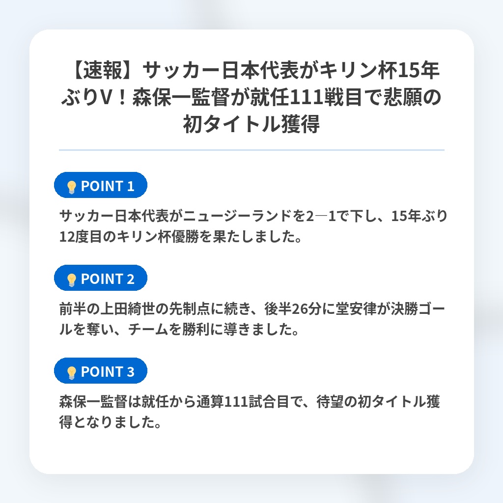 【速報】サッカー日本代表がキリン杯15年ぶりV！森保一監督が就任111戦目で悲願の初タイトル獲得の注目ポイントまとめ