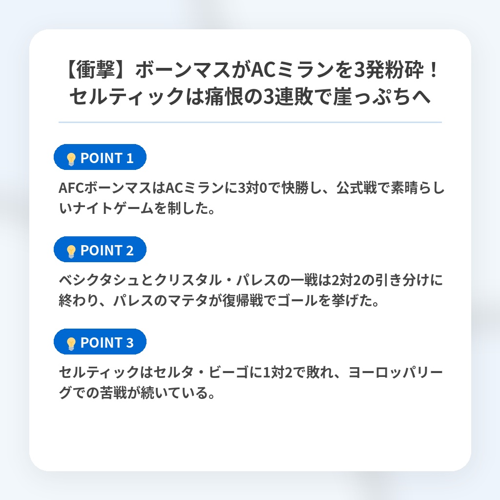 【衝撃】ボーンマスがACミランを3発粉砕!セルティックは痛恨の3連敗で崖っぷちへの注目ポイントまとめ