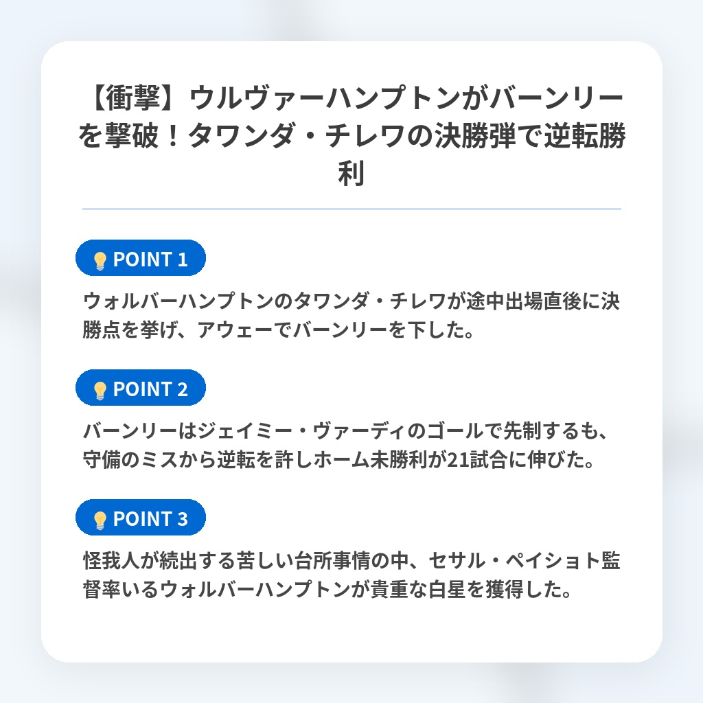 【衝撃】ウルヴァーハンプトンがバーンリーを撃破!タワンダ・チレワの決勝弾で逆転勝利の注目ポイントまとめ