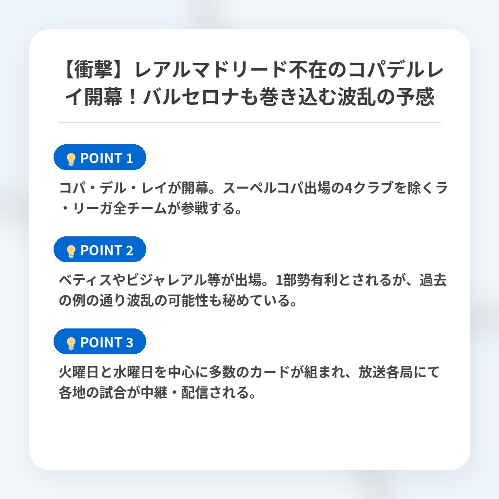 【衝撃】レアルマドリード不在のコパデルレイ開幕!バルセロナも巻き込む波乱の予感の注目ポイントまとめ