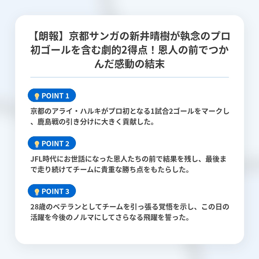 【朗報】京都サンガの新井晴樹が執念のプロ初ゴールを含む劇的2得点!恩人の前でつかんだ感動の結末の注目ポイントまとめ