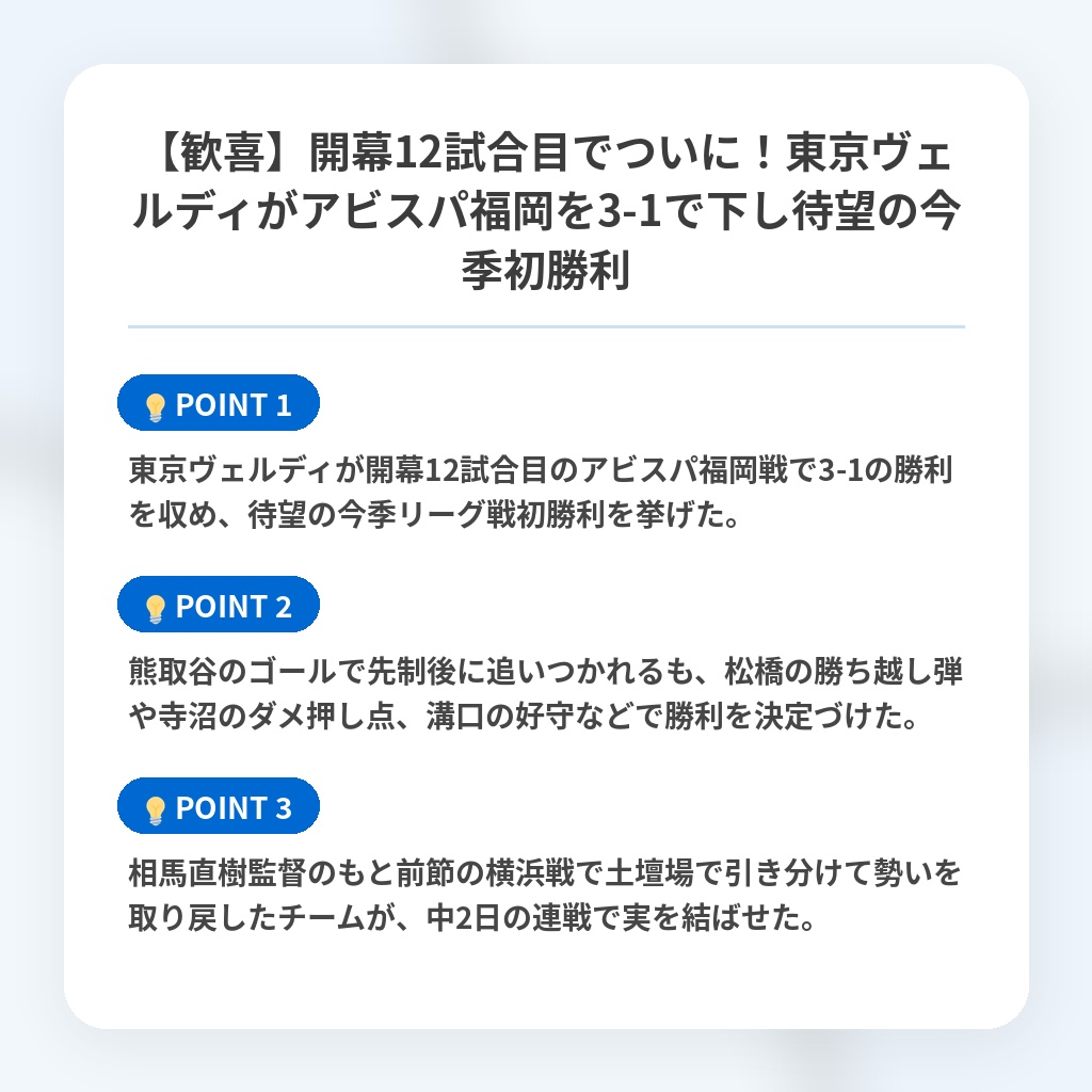 【歓喜】開幕12試合目でついに!東京ヴェルディがアビスパ福岡を3-1で下し待望の今季初勝利の注目ポイントまとめ