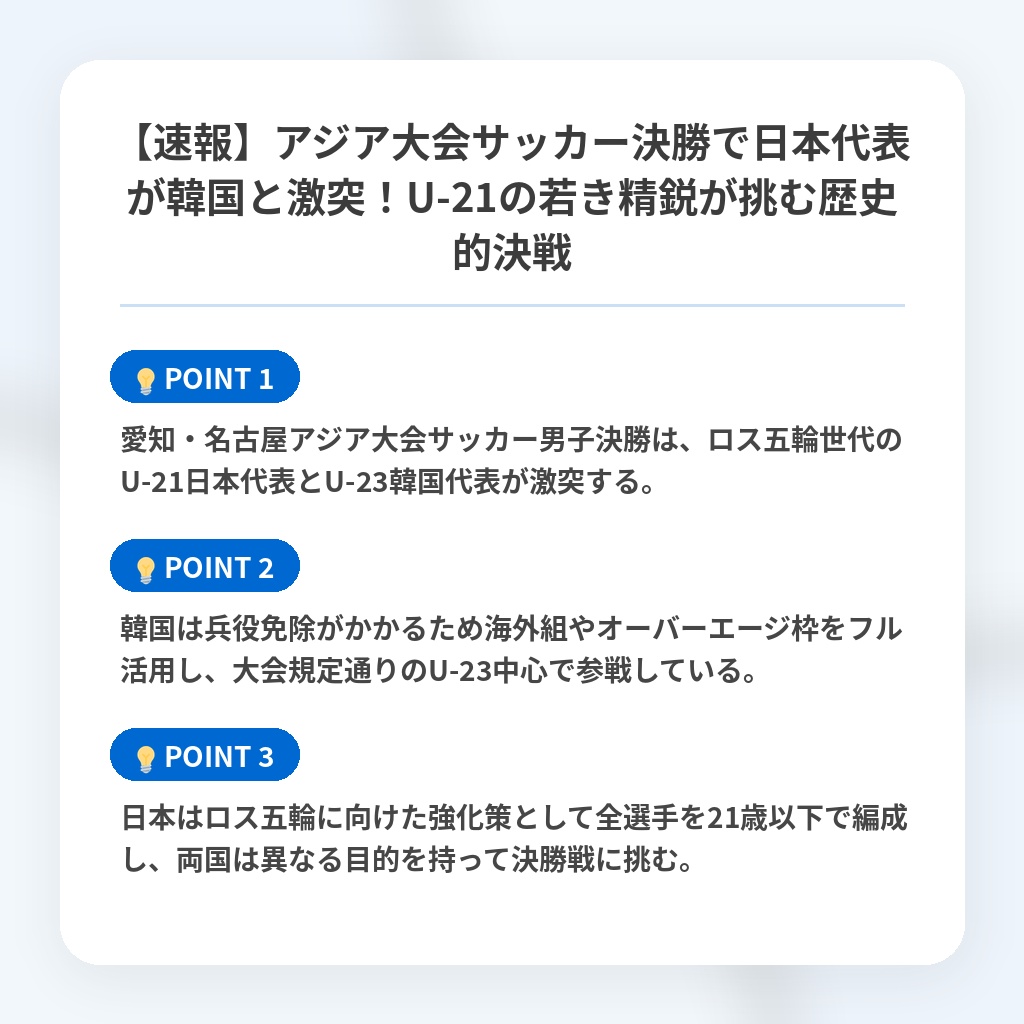 【速報】アジア大会サッカー決勝で日本代表が韓国と激突！U-21の若き精鋭が挑む歴史的決戦の注目ポイントまとめ