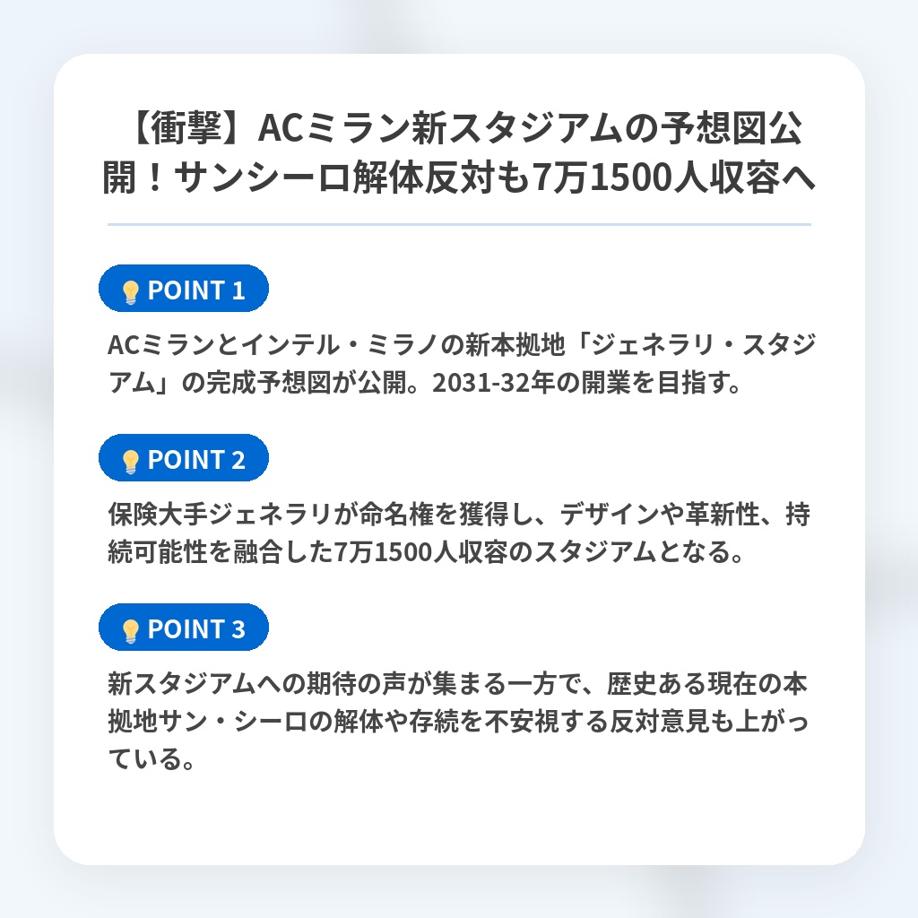 【衝撃】ACミラン新スタジアムの予想図公開！サンシーロ解体反対も7万1500人収容への注目ポイントまとめ