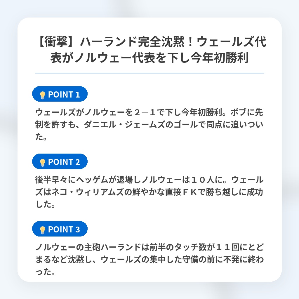 【衝撃】ハーランド完全沈黙！ウェールズ代表がノルウェー代表を下し今年初勝利の注目ポイントまとめ