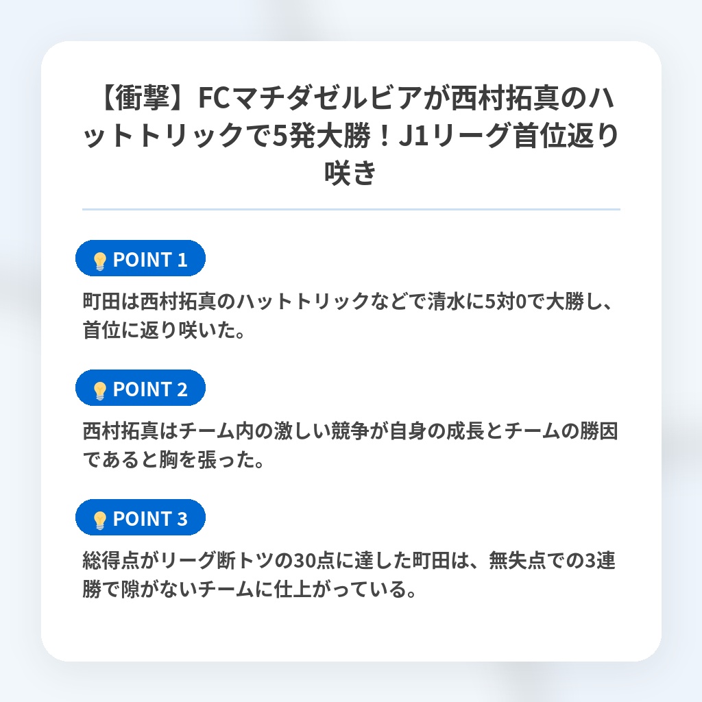 【衝撃】FCマチダゼルビアが西村拓真のハットトリックで5発大勝!J1リーグ首位返り咲きの注目ポイントまとめ