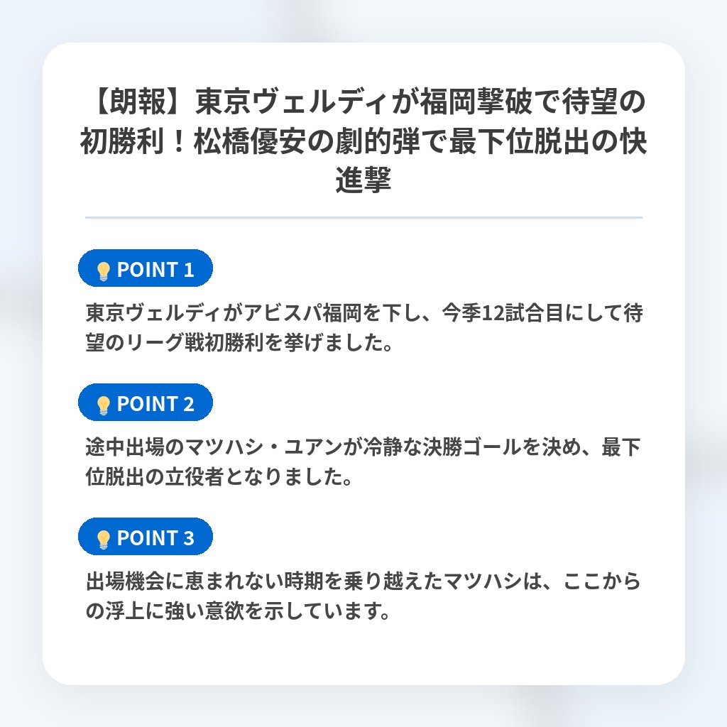 【朗報】東京ヴェルディが福岡撃破で待望の初勝利！松橋優安の劇的弾で最下位脱出の快進撃の注目ポイントまとめ