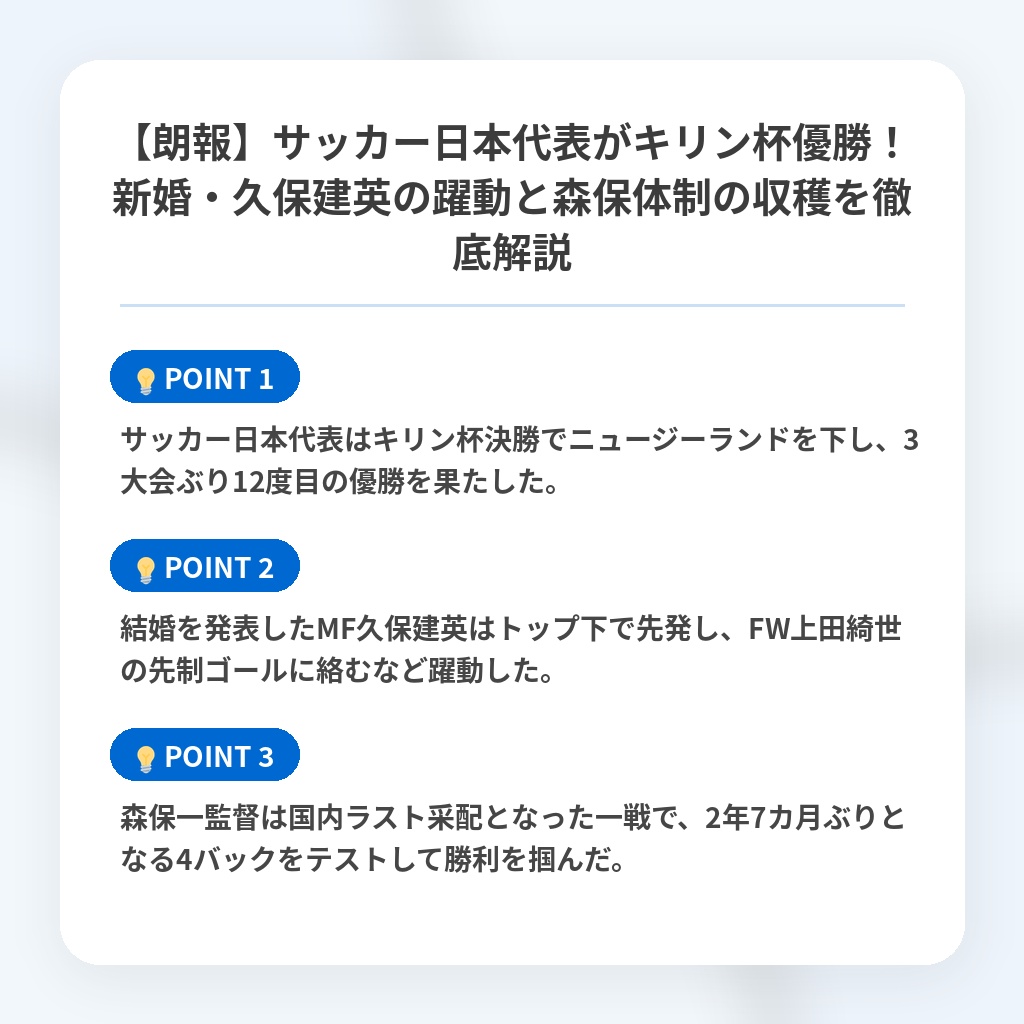 【朗報】サッカー日本代表がキリン杯優勝!新婚・久保建英の躍動と森保体制の収穫を徹底解説の注目ポイントまとめ