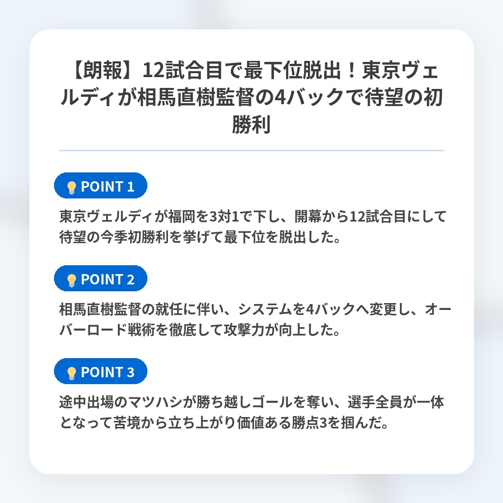 【朗報】12試合目で最下位脱出！東京ヴェルディが相馬直樹監督の4バックで待望の初勝利の注目ポイントまとめ
