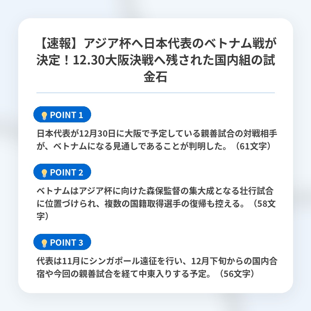 【速報】アジア杯へ日本代表のベトナム戦が決定！12.30大阪決戦へ残された国内組の試金石の注目ポイントまとめ