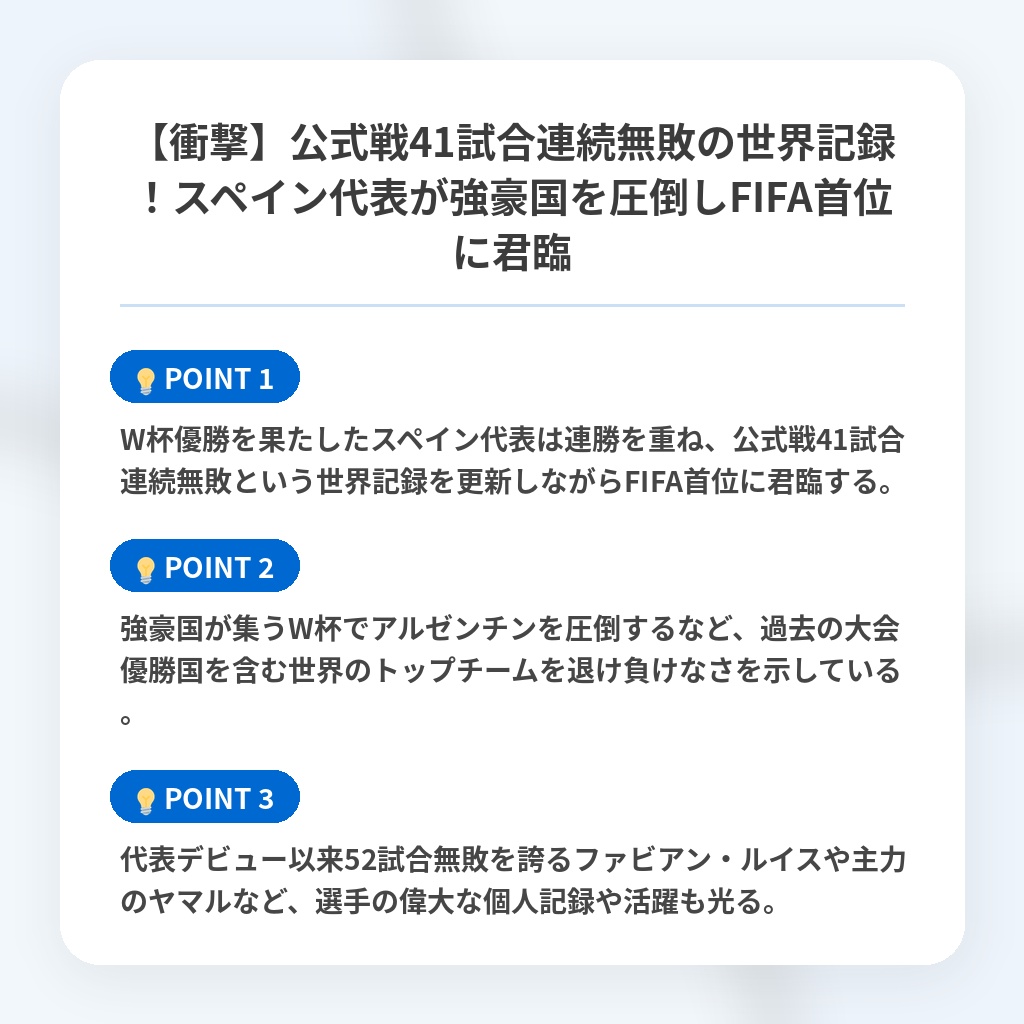 【衝撃】公式戦41試合連続無敗の世界記録!スペイン代表が強豪国を圧倒しFIFA首位に君臨の注目ポイントまとめ