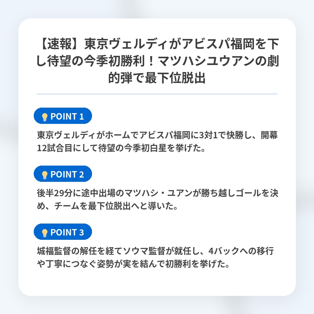 【速報】東京ヴェルディがアビスパ福岡を下し待望の今季初勝利！マツハシユウアンの劇的弾で最下位脱出の注目ポイントまとめ