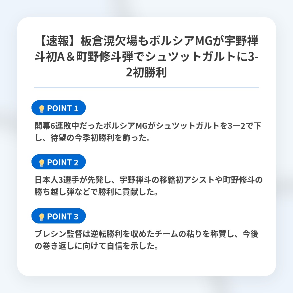 【速報】板倉滉欠場もボルシアMGが宇野禅斗初A&町野修斗弾でシュツットガルトに3-2初勝利の注目ポイントまとめ