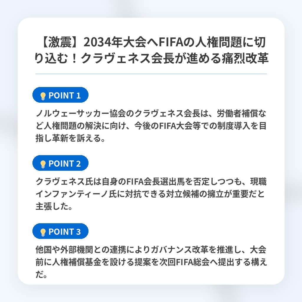 【激震】2034年大会へFIFAの人権問題に切り込む!クラヴェネス会長が進める痛烈改革の注目ポイントまとめ