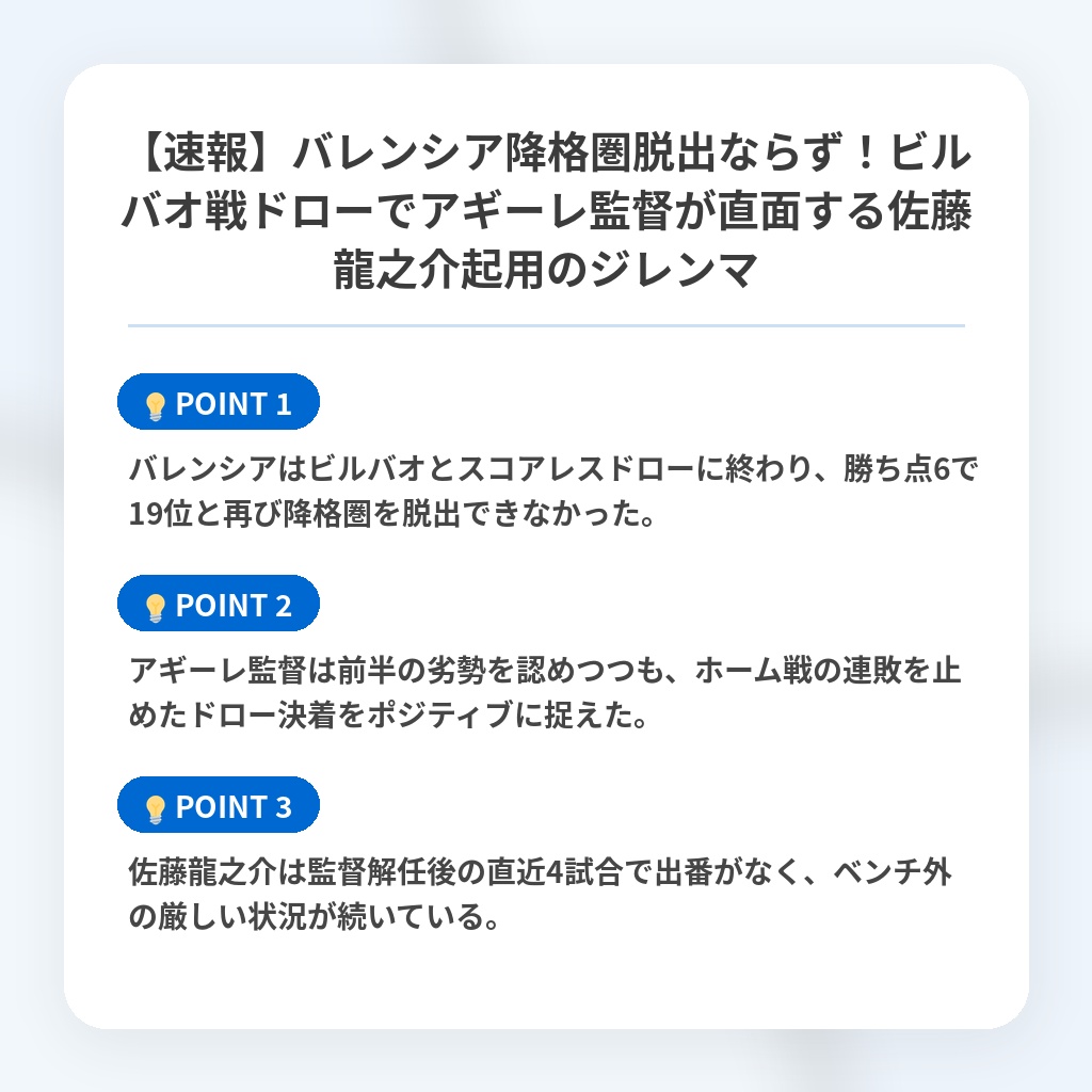 【速報】バレンシア降格圏脱出ならず！ビルバオ戦ドローでアギーレ監督が直面する佐藤龍之介起用のジレンマの注目ポイントまとめ
